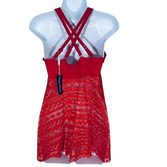 SuperPrity NWT Red Crochet Lace Tankini Top Crossover Back Flattering Sz L - Picture 11 of 11